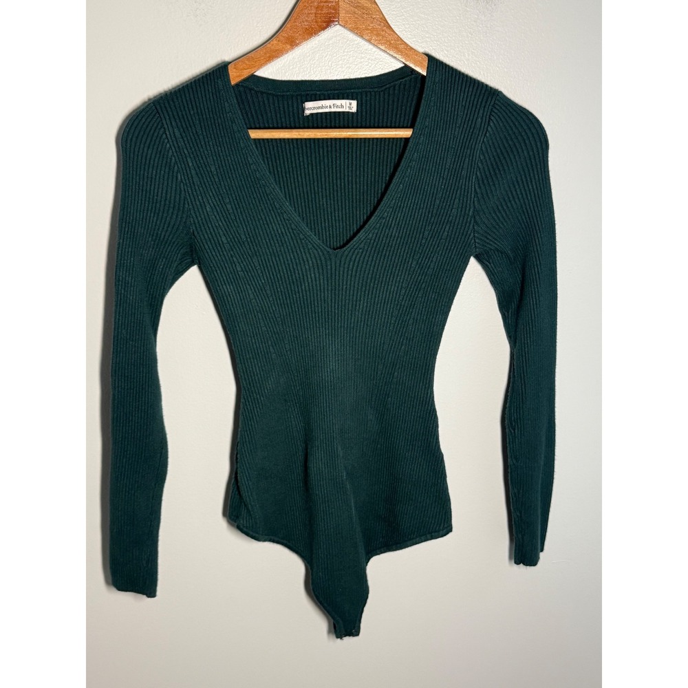 Abercrombie & Fitch Womens Ribbed V-Neck Long Sleeve Bodysuit Forest Green M